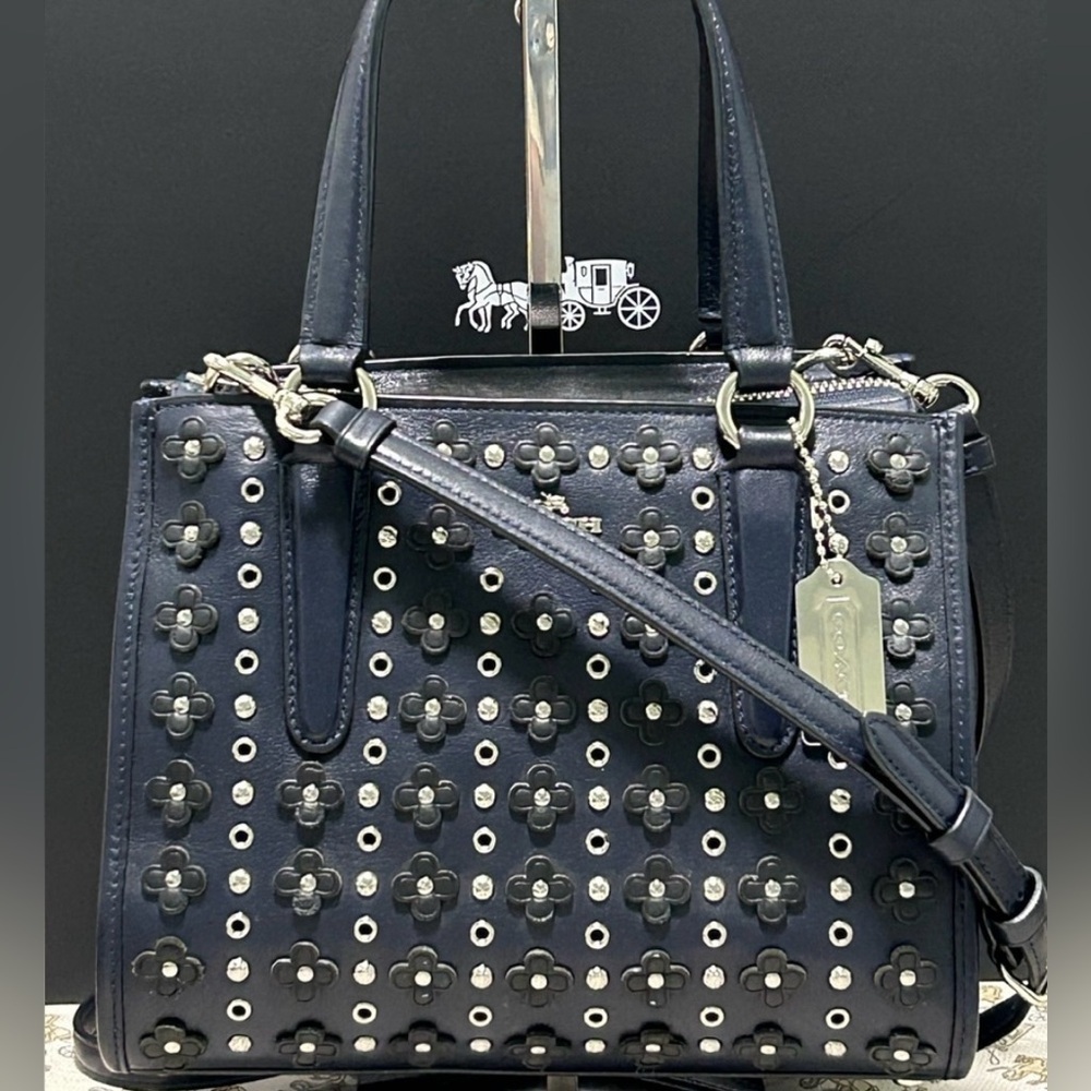 COACH Crosby Mini Flower Appliqués/Rivets/Grommets Calf Leather in Navy Blue - Picture 1 of 13